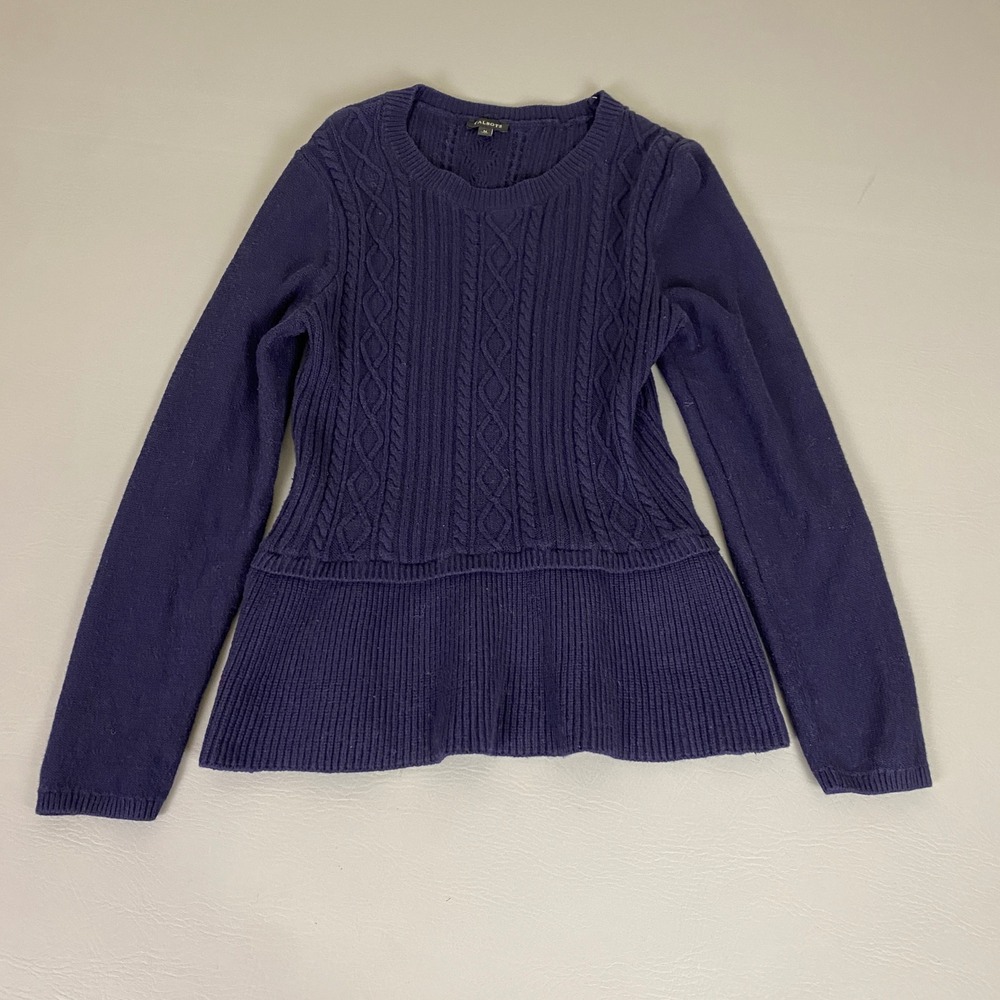 Talbots Cable Knit Sweater Women's Size Medium Navy Blue Peplum Cotton Cashmere